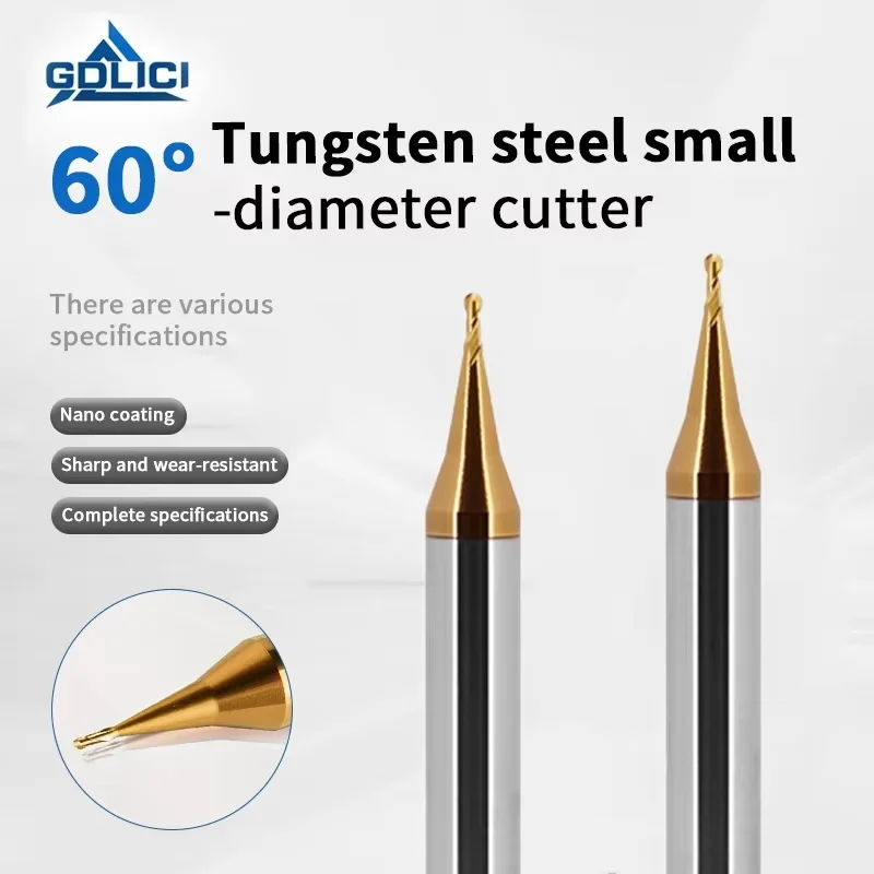 

60-градусная сферическая концевая фреза из вольфрамовой стали с микродиаметром, 2 канавки, R0.1, R0.2, R0.3, R0.4, R0.5, R0.6, R0.7, R0.8, R0.9