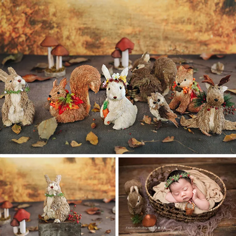 Newborn Photography Accessories Forest Simulation Animal Plant Rabbit Squirrel Fox Elk Mushroom Moss Stone Baby Props Background