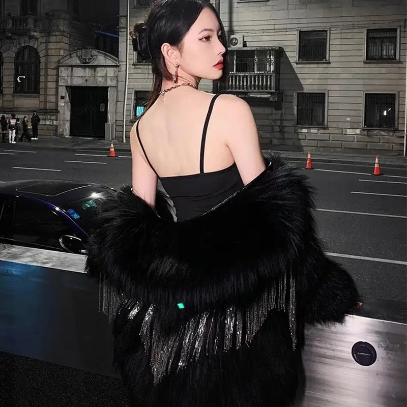 Fall and Winter New Imitation Fox Fur Coat Women's Medium and Long Black Swan Imitation Fringed Long Hair Thickened Foreign Gas