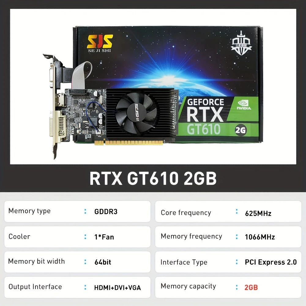 بطاقة فيديو SEJISHI GeForce GT610 عرض بطاقات Vga 2GB DDR3 64Bit بطاقات الرسومات NVIDIA Game PC GT 610 2GD3 HD DVI VGA PCI-E2
