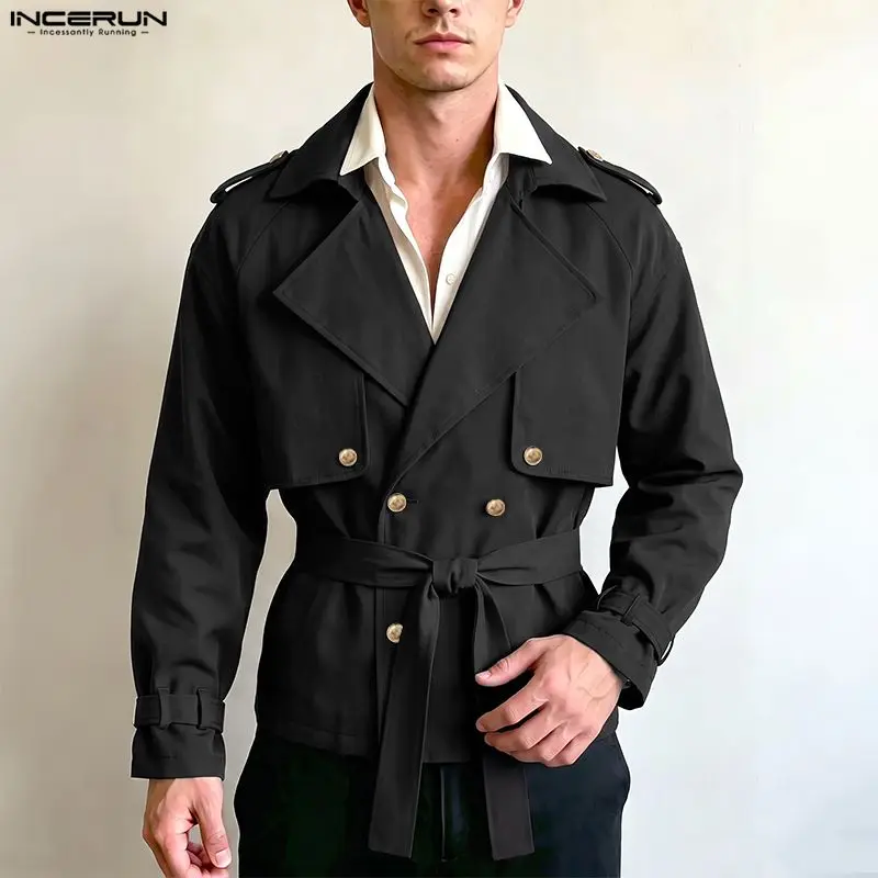 INCERUN Men's Trench Solid Lapel Long Sleeve Loose Double Breasted Coats For Man With Belt Streetwear Fashion Casual Windbreaker