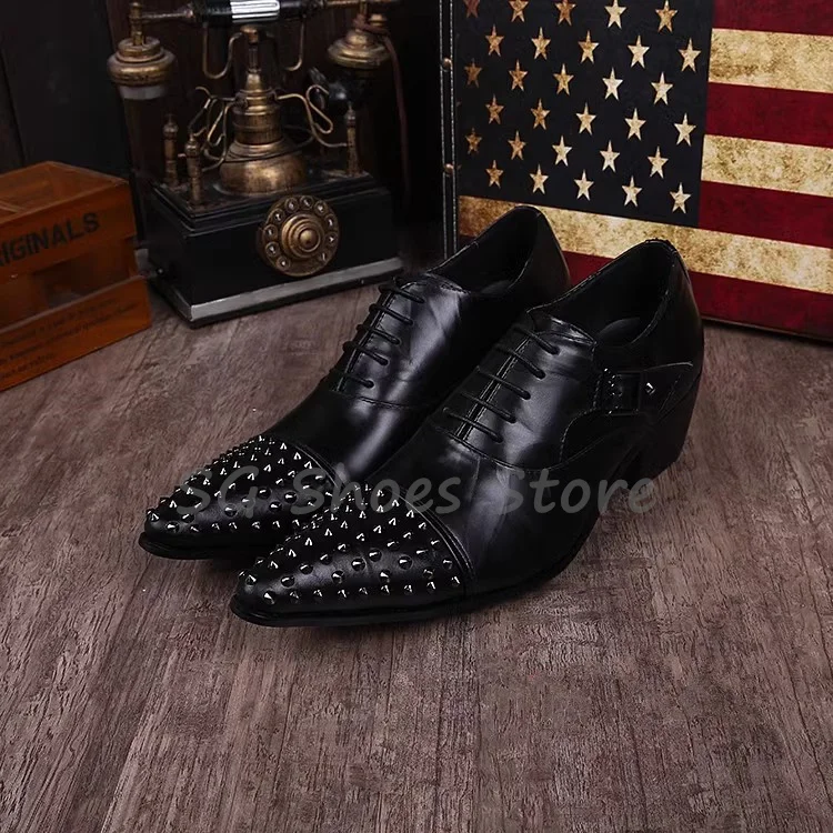 

British Style Pointed Toe Chunky Heel Rivet Oxfords for Men Genuine Leather Breathable Leisure Shoes Male Lace-Up Loafers