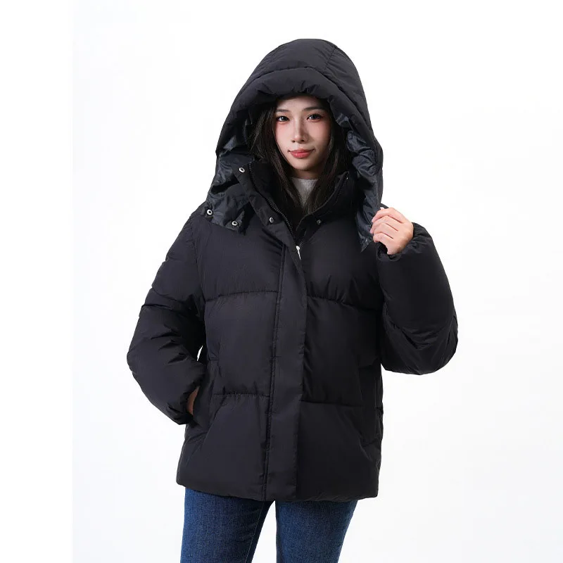 Winter Warm Black Cotton Padded Coat Europe and America Casual Fashion Loose Simple Women's Versatile Thicken Hooded Overcoat