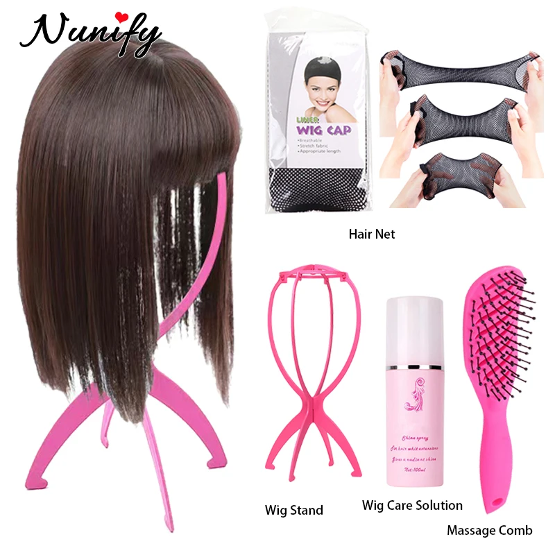 4Pcs Wig Care Liquid Spray Pink Massage Hair Brush Styling Tools Hair Net For Wig Plastic Wig Stand White Hair Beauty Tools