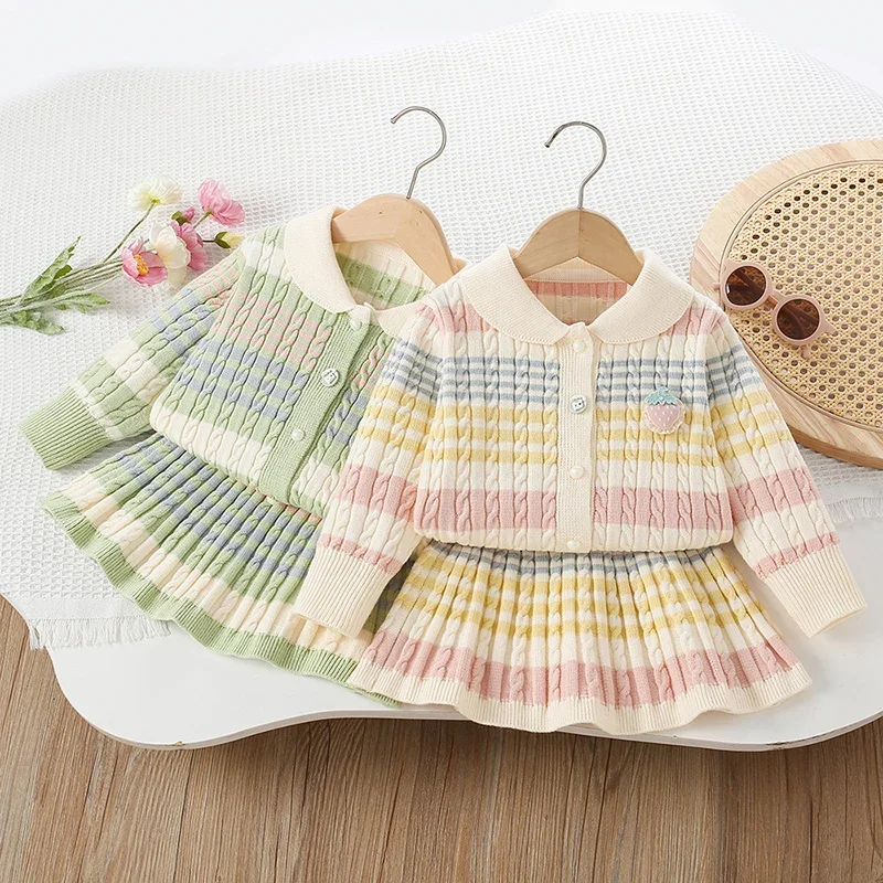 2026 New Spring 2-6Yrs Baby Girls Clothing Set Kids Knitted Clothing Suit Long Sleeved Knitted Cardigan+Short Skirt