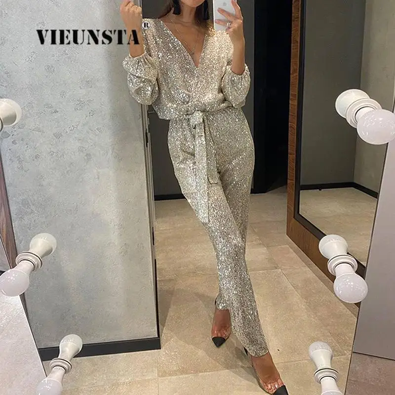 

Office Lady Elegant Tie-Up Sparkling Glitter Jumpsuit Fashion Shiny Paillette Long Sleeved Romper Women V-Neck Sequins Jumpsuits