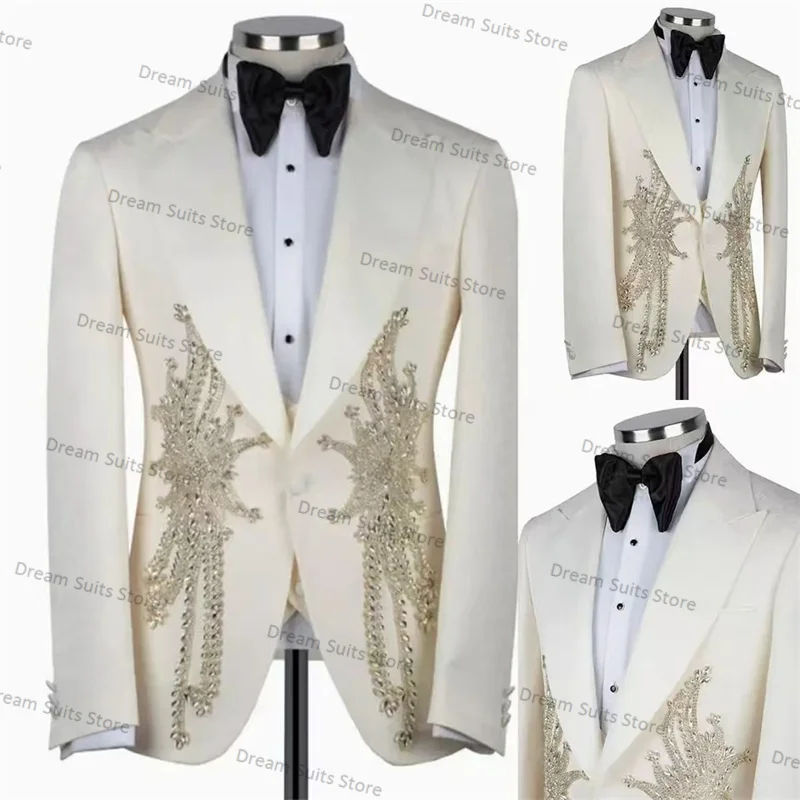 White Men Suits for Wedding 2 Pieces Crystal Blazer+Black Pants Custom Made Jacket Groom Tuxedo Custom Made Cotton Coat Trousers