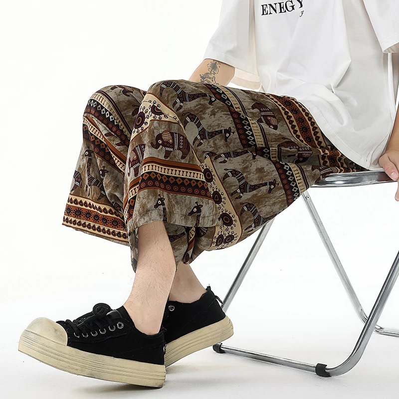 

Summer Casual Pants Retro Loose Fit Fashion Men's Calf Length Pants Comfortable Breathable Vintage Print Beach Trousers for Men