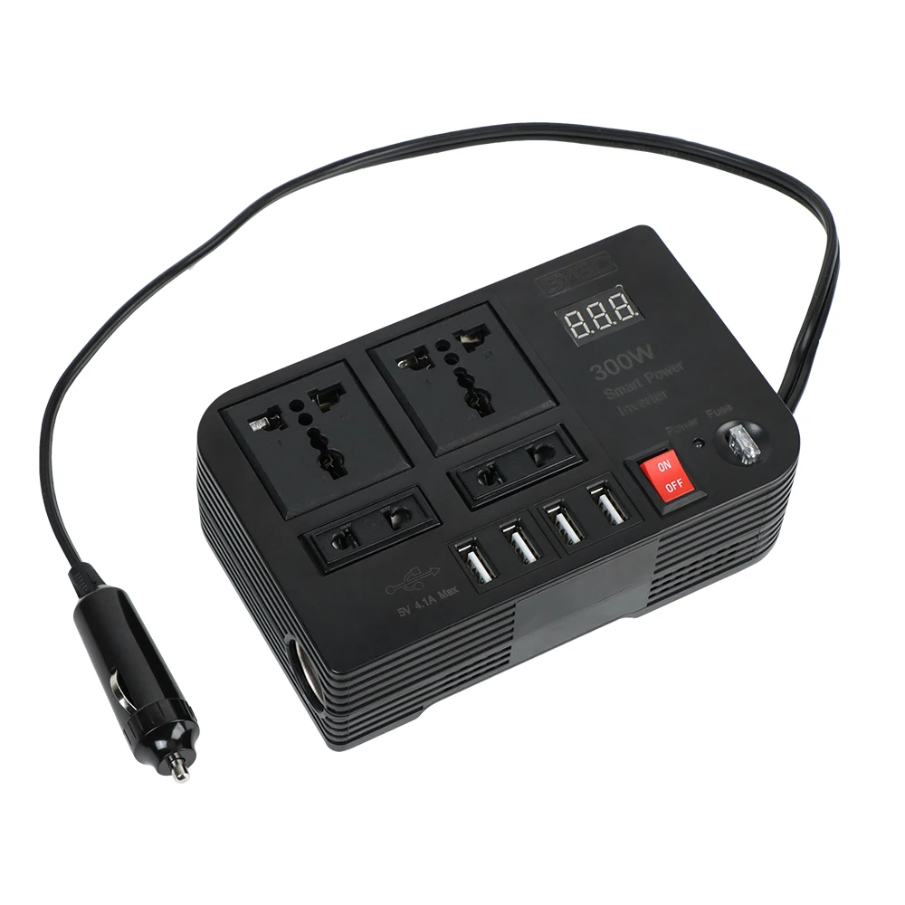 DC 12V to AC 220V Converter 300W Outlets 4 USB Ports Power Adapter ON/OFF Switch Car Inverter Overload Protection 4 AC Sockets