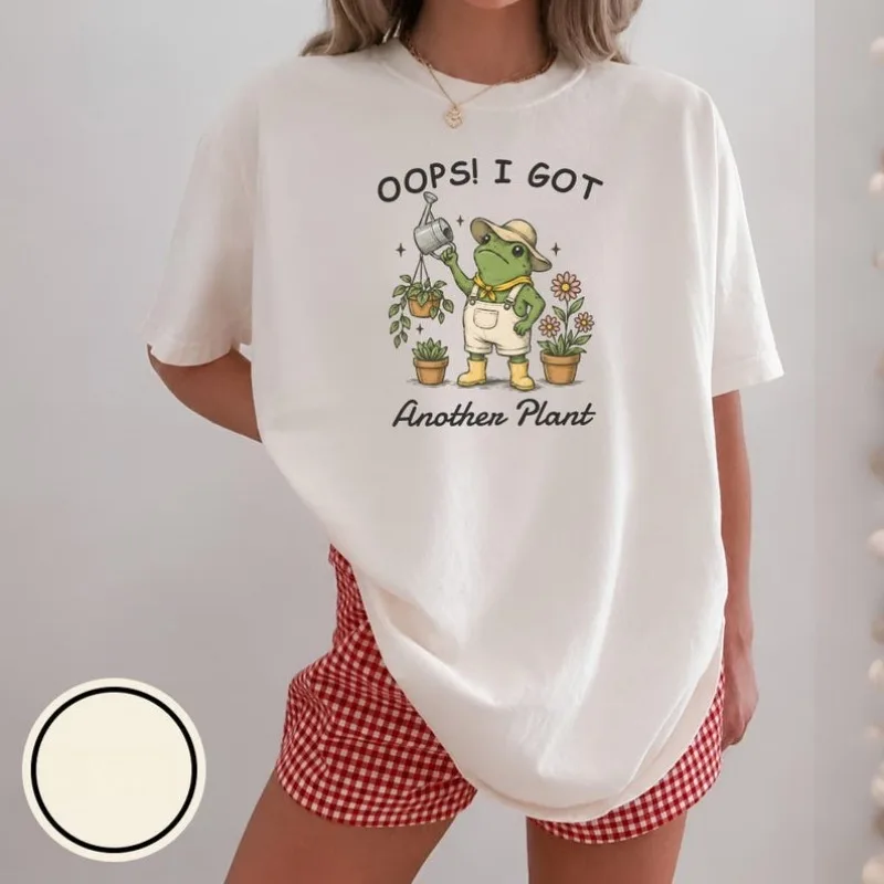 Women Oops I Got Another Plant Graphic T‑Shirt Funny Gardener Frog Print Short Sleeve Tee Plant Lover Casual Loose Top
