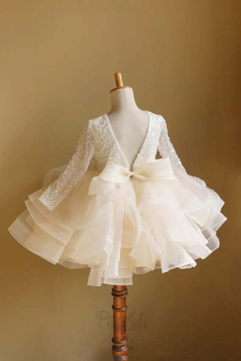 Flower Girl Dress, Wedding, Champagne, Ivory, Organza, Knee-length, Beaded, Detachable Bow (D030)