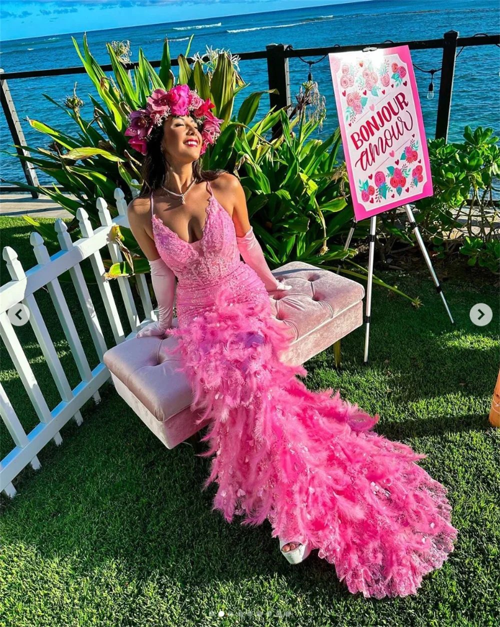 Customized Hot Pink Wedding Party Embroidered Feathers Luxury Prom Dresses Mermaid Spaghetti Straps Elegant Vestidos De Fiesta