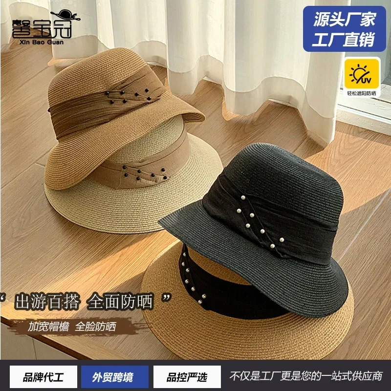 

Elegant Beaded Straw Bucket Hat - Luxury Tweed Hat for Women, UV Protection, Summer 2025 Fashion