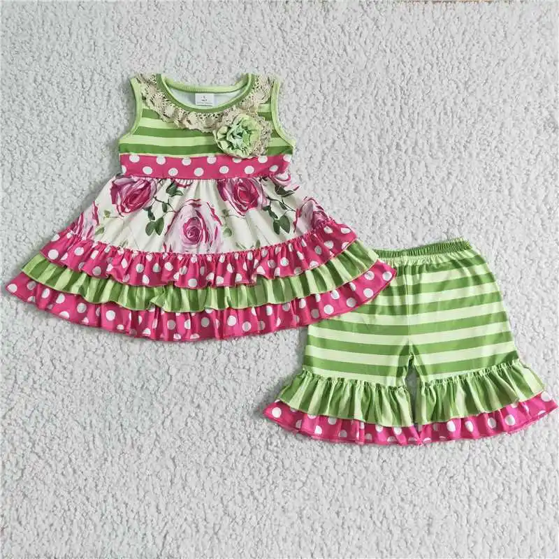 Wholesale Girls Summer Sleeveless Dress Set Multi-Element Circle Butterfly Machine With Bright Colors and Multi-Ruffle