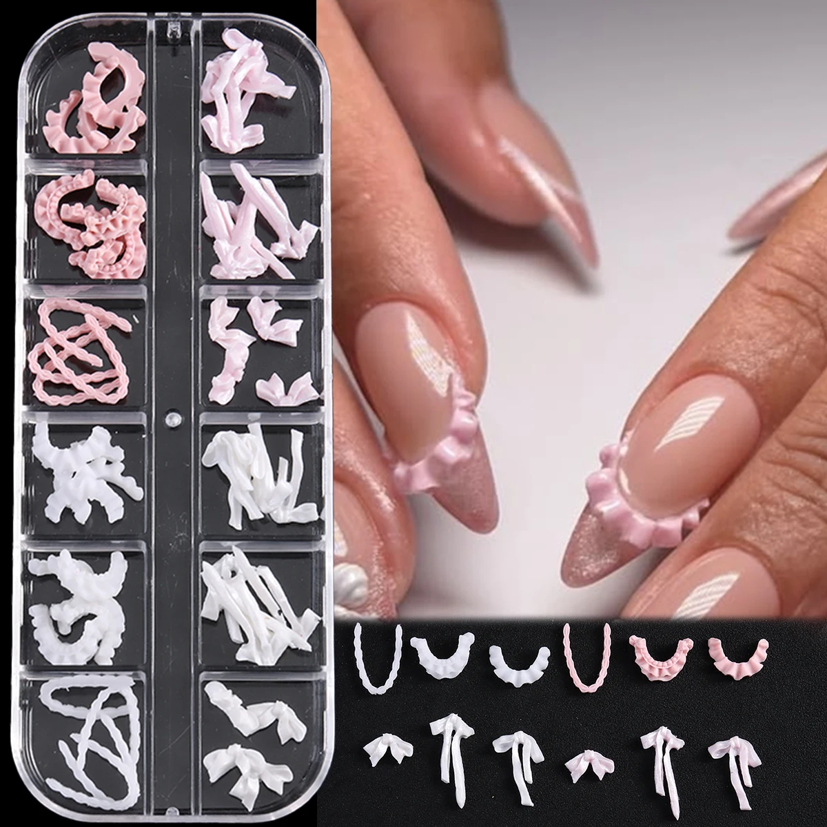 12-compartment bow nail art accessories, mixed satin sculpted bow ties and ribbons, boxed nail decorations - suitable for home a