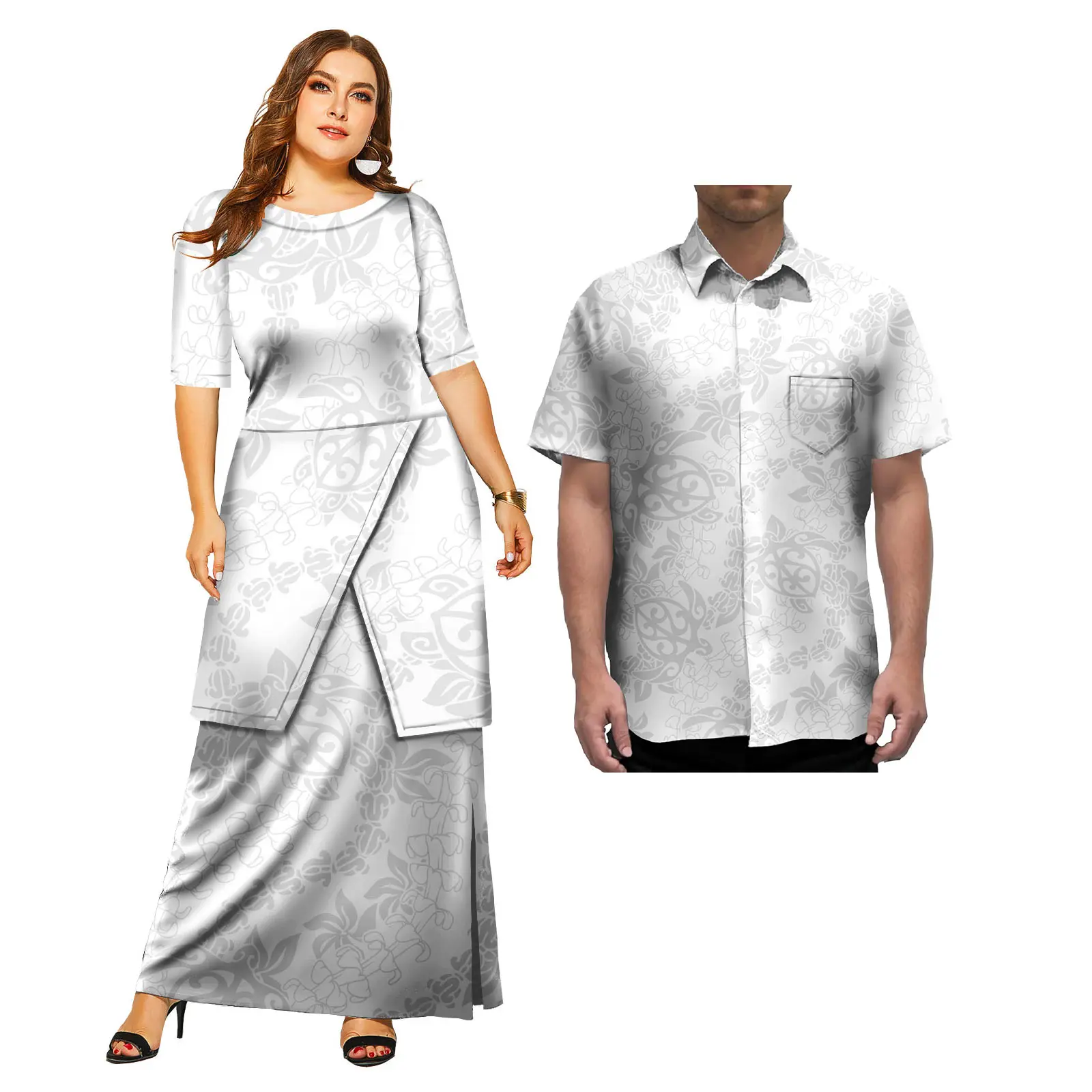Nowy Design Ubrania dla Par Polinezyjski Elei Tribalny Wzór Personalizowana Biała Kościelna Długa Sukienka Puletasi Pasujące Koszule Męskie