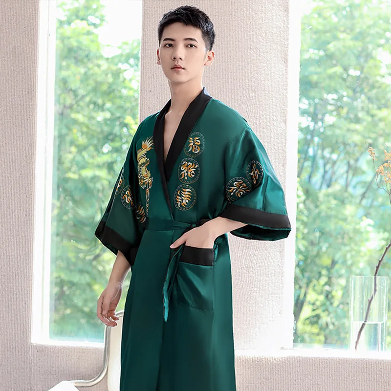 Chinese Style Satin Kimono Men\'s Lapel Mid Length Sleepwear New Spring Summer Bathrobe Nightwear Male Intimate Lingerie Homewear