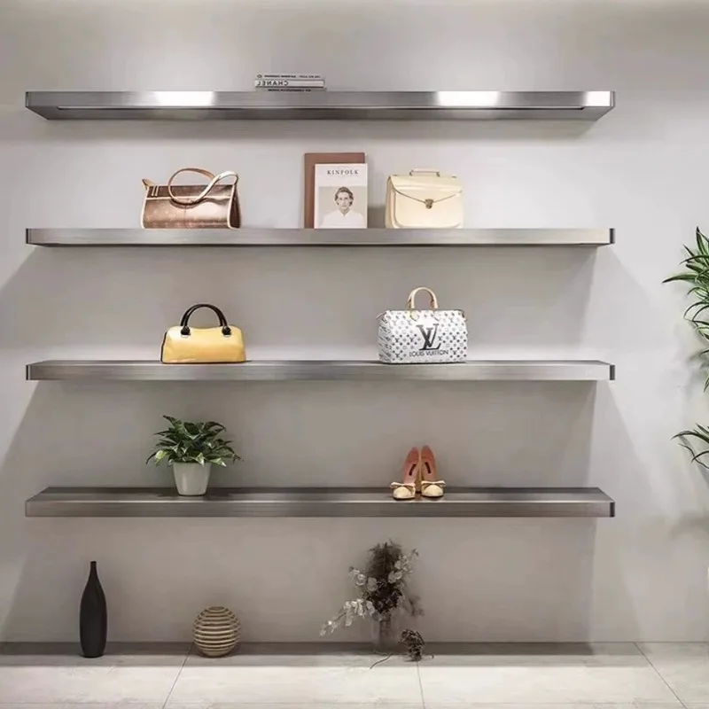 Clothing store shoe store bag display rack stainless steel upper wall multi-layer display one-word board live stream display rac