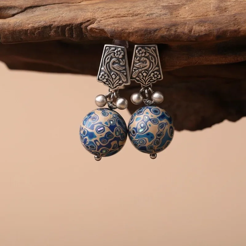 Vintage Carved Chinese Lacquer Ink Blue Round Bead Ear Hooks, New Chinese Style DIY Replaceable Beads Women Earrings