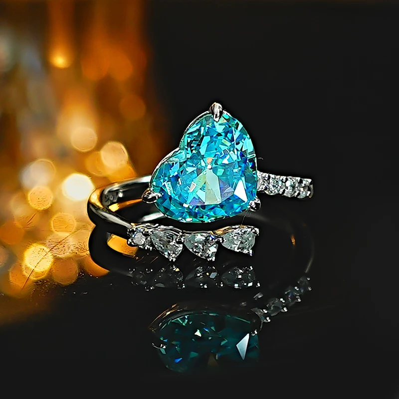 

Fashionable Love Sea Blue Treasure 925 Silver Ring Set with High Carbon Diamond Crushed Ice Cut Topa Blue Open Droplets