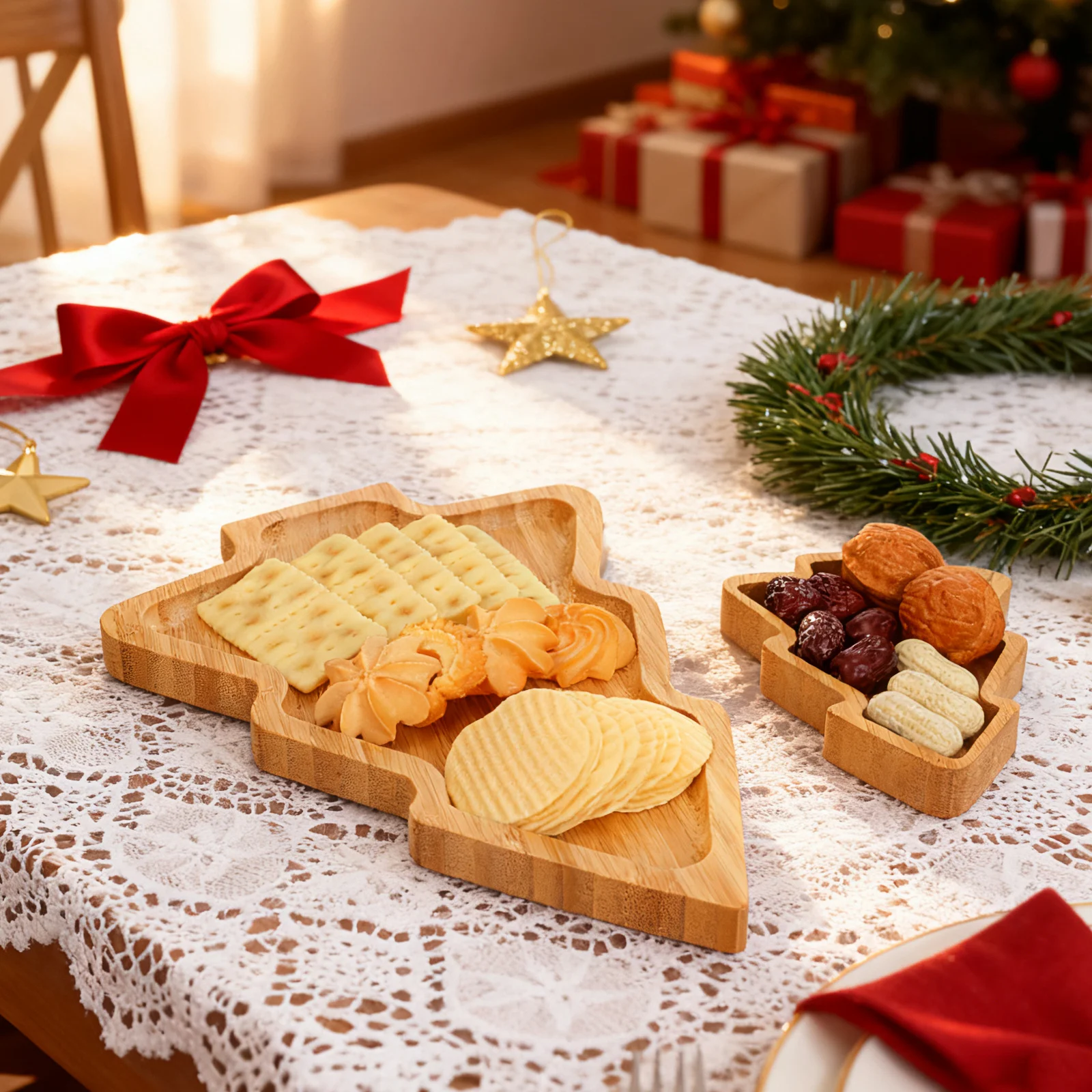 

2Pcs Wooden Trays Xmas Tree Shape Christmas Dishes Sushi Plates Appetizer Serving Platter Party Decor Wooden Trays