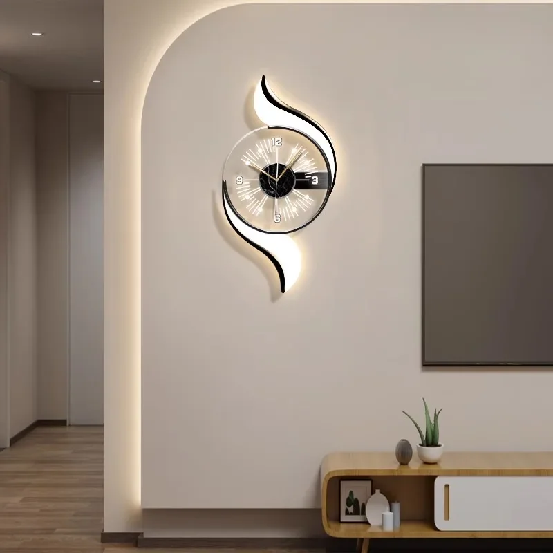 Black and white simple living room, clock wall clock high-end TV background wall, luminous silent decorative clock, wall clock