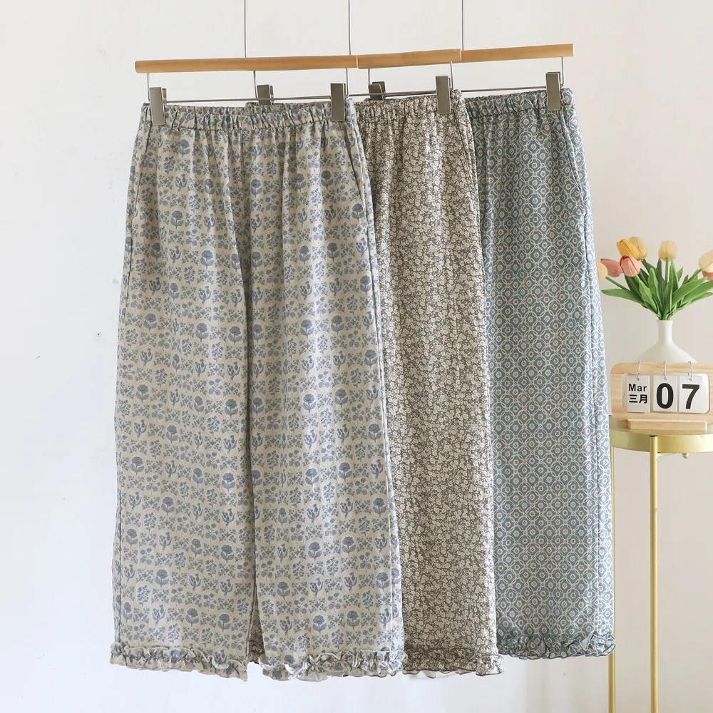 

2026 New Spring/Summer Pure Cotton Pajamas Pants for Women Thin Lounge Pants Sleep Wear Bottoms Female Floral Sleepwear Pants