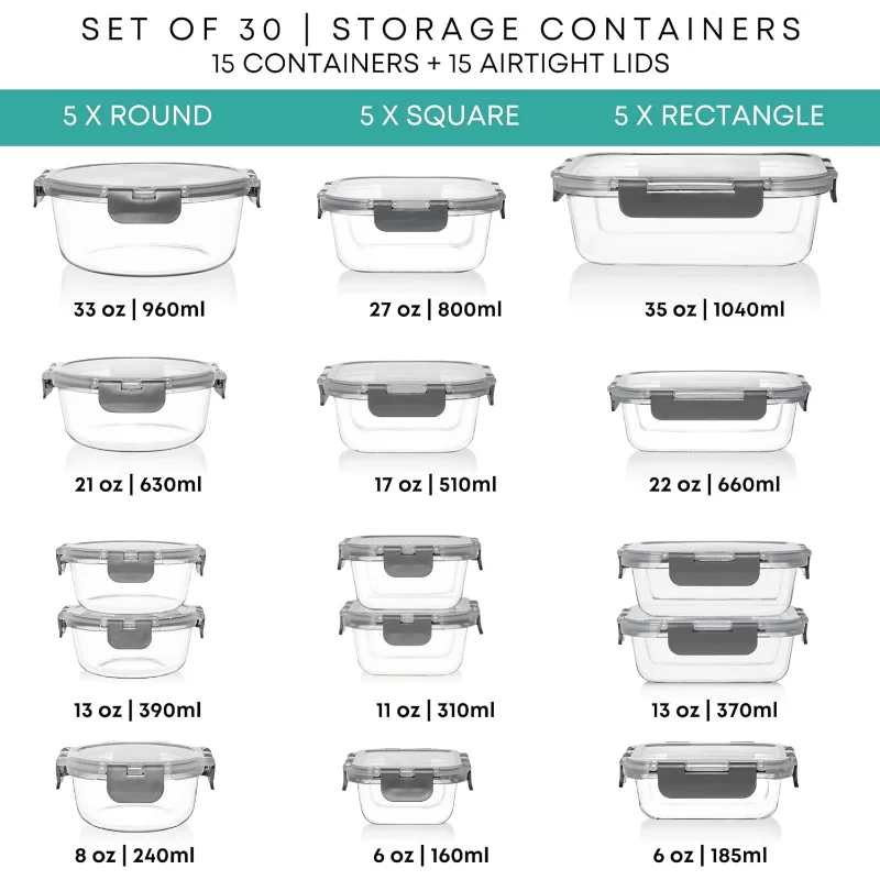 30 PC Glass Food Storage Containers with Lids - Reusable Glass Meal Prep Containers for Lunch & Leftovers