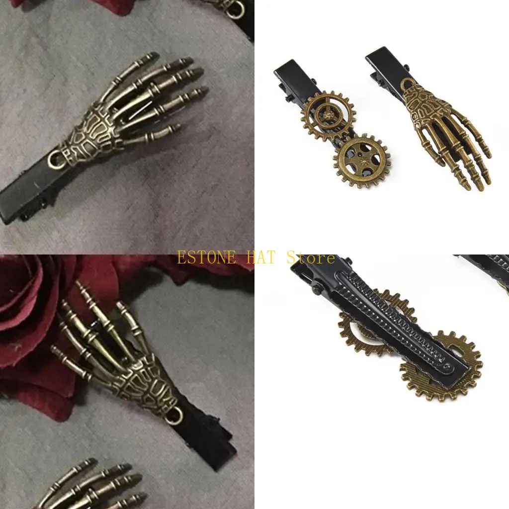 

49MF Women Girls Steampunk Hair Pin Cool Side Clip Metal Hairpins Gear Skeleton Hand Halloween Gift Hair Accessories