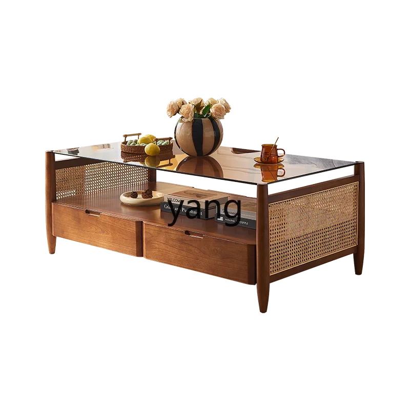 CX solid wood coffee table side table combination living room rectangular rattan mobile glass home