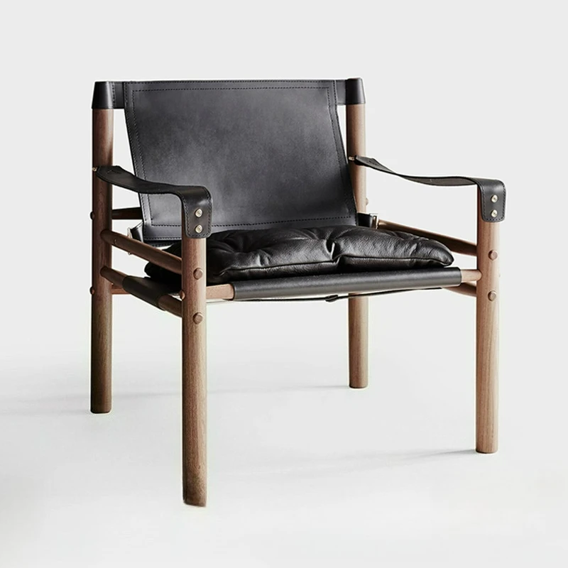 

Nordic retro sofa chair home living room single leisure chair Danish solid wood saddle leather hunting chair
