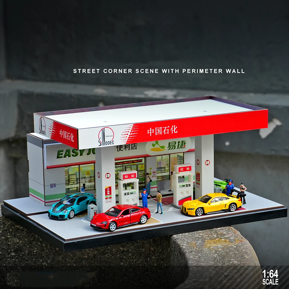 1/64 Sinopec Gas Station Model with Attendants Figures Diorama Scene Car Parking Lot with LED Lights(without car)
