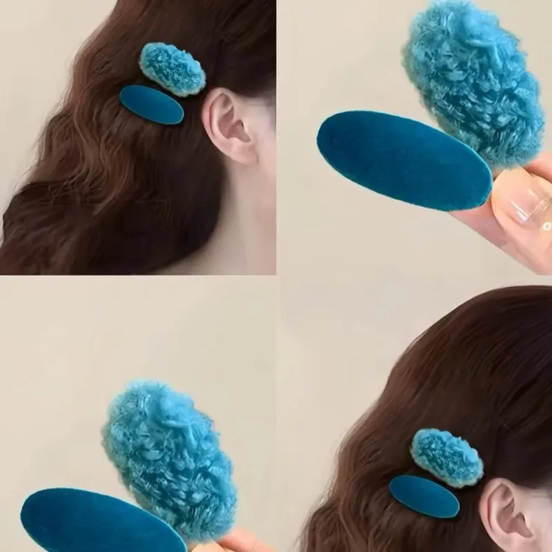 Peacock Blue Velvet  Lamb Wool Autumn Hairpin   Sweet Bangs Hairclip Side Clip Duck Bill Clip Hair Accessories Woman 2024