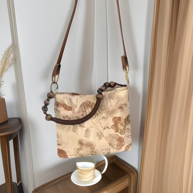 Vintage Beads Chain Handle Shoulder Bag Embroidered Print Flower Handbag Fashion Bucket Bag Underarm Bag for Women