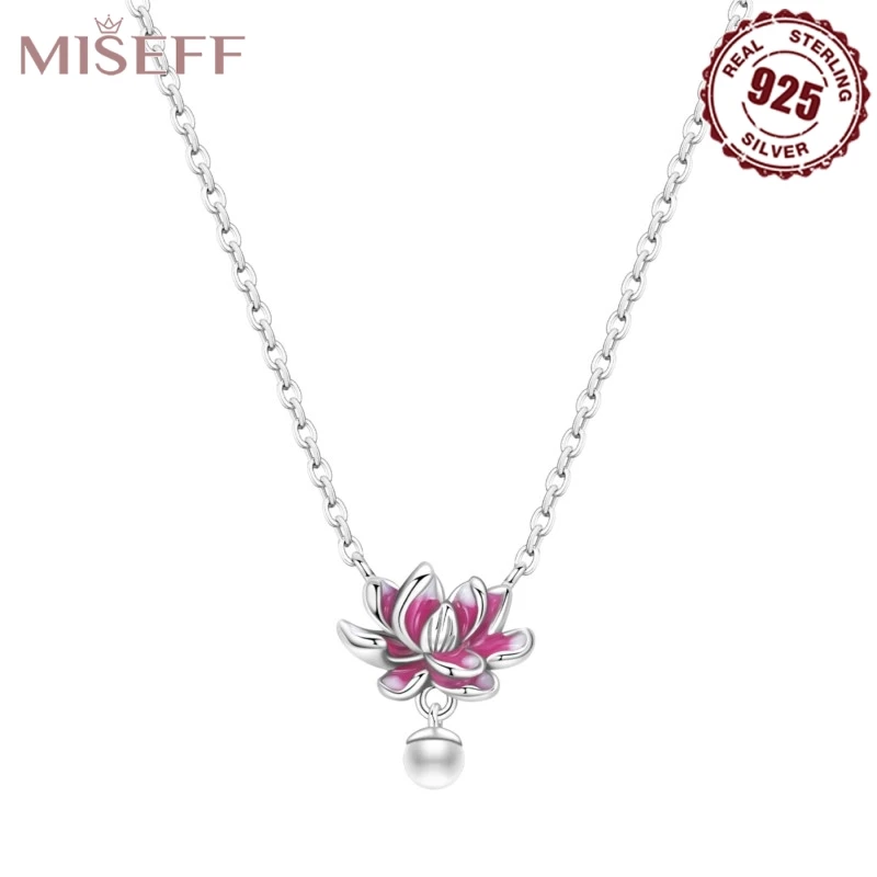 

MISEFF стерлингового серебра 925 пробы градиент прозрачный розовый жемчуг лотоса ожерелье циркон кулон для женщин свадебная вечеринка подарок ювелирные изделия