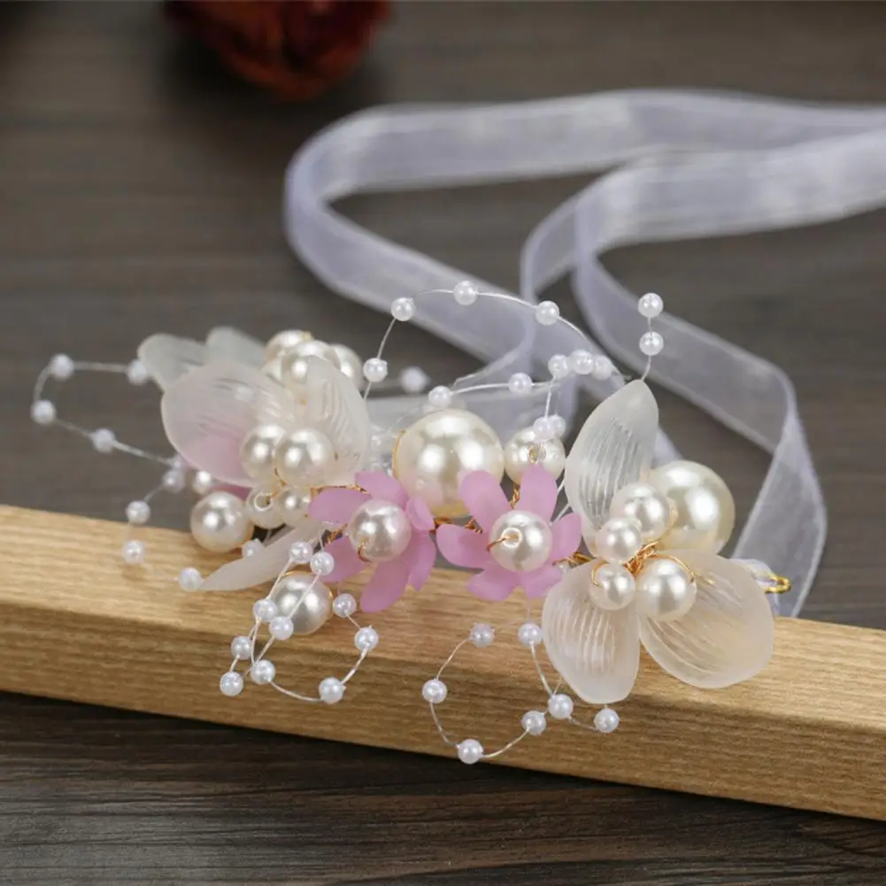 Women Flower Hairband Faux Pearl Princess Style Fairy Girls Flower Wreath Lace Up Bridal Wedding Headband Children Flower Crown