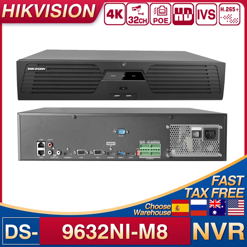 Original Hikvision 8K NVR 2U 8-SATA 2-HDMI 2-VGA 32-CH DS-9632NI-M8 Supports RAID Network Video Recorder