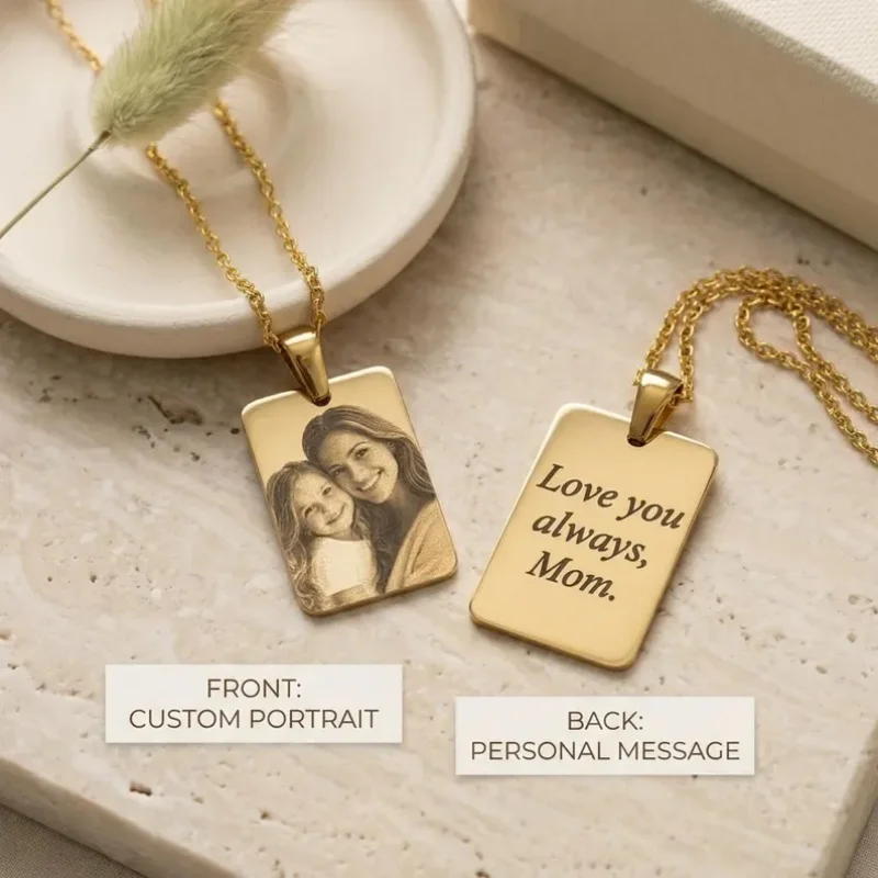 Personalized Photo Engraved Necklace Custom Picture Rectangle Pendant Stainless Steel Customized Family Memory Jewelry Gift