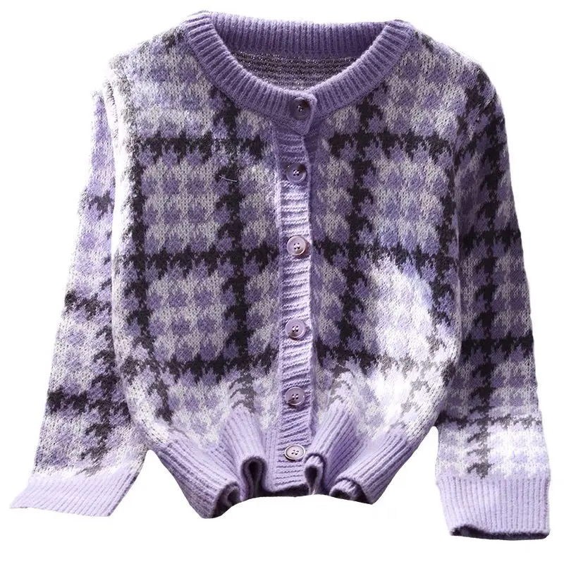 Purple Small Fragrant Checkered Sweater Jacket for Women\'s Loose and Versatile Spring and Autumn New Knitted Cardigan