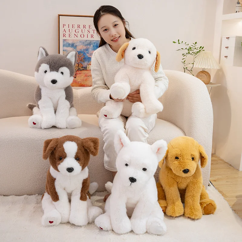 Venta al por mayor de juguete de peluche de perro realista peludo caliente 30/40/55 cm West Highlands Golden Retriever Husky Labrador Border Collie muñeca regalo para niños