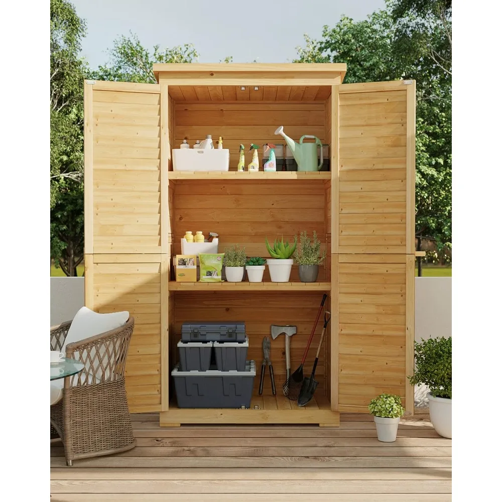 Outdoor Storage Cabinet with 3 Shelves, Double Lockable Wooden Garden Shed with Waterproof Roof