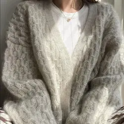 2024 Spring Fashion New Product Light Gray Long sleeved Cardigan Mohair Sweater Hollow Knitted Women's Handmade Knitted Coat