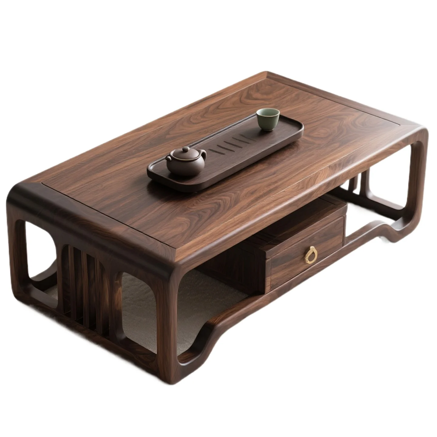 

Black walnut solid wood coffee table, household tea table with drawers, living room furniture