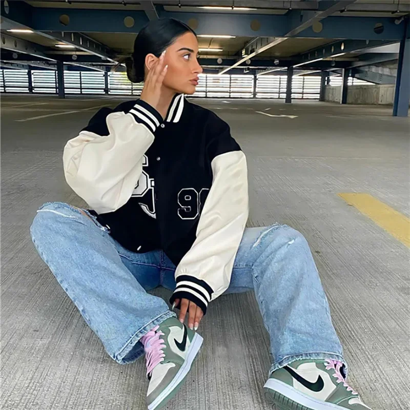 Autumn Winter Oversized Jackets Women 2024 Fashion Letter Embroidery Baseball Varsity Black Loose Long Sleeve Y2K Coat PU Sleeve