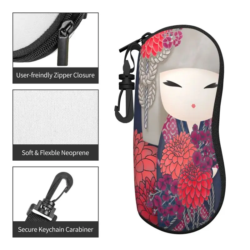 Estuche de gafas japonés rojo Sakura Kokeshi Doll, estuche de gafas portátil con cremallera, carcasa suave, adecuado para almacenamiento de