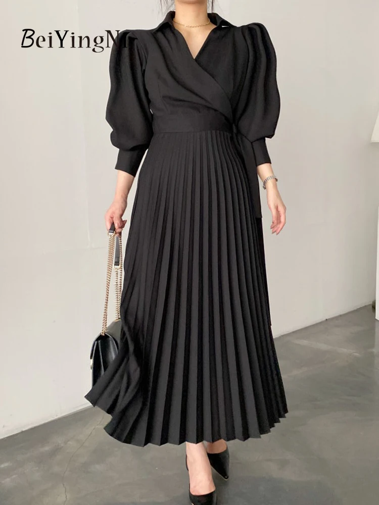 Beiyingni Elegant Stylish Women Puff Sleeve Pleated Long Dress Turndown Collar Spring Autumn Office Ladeis Dress Black Vestidos