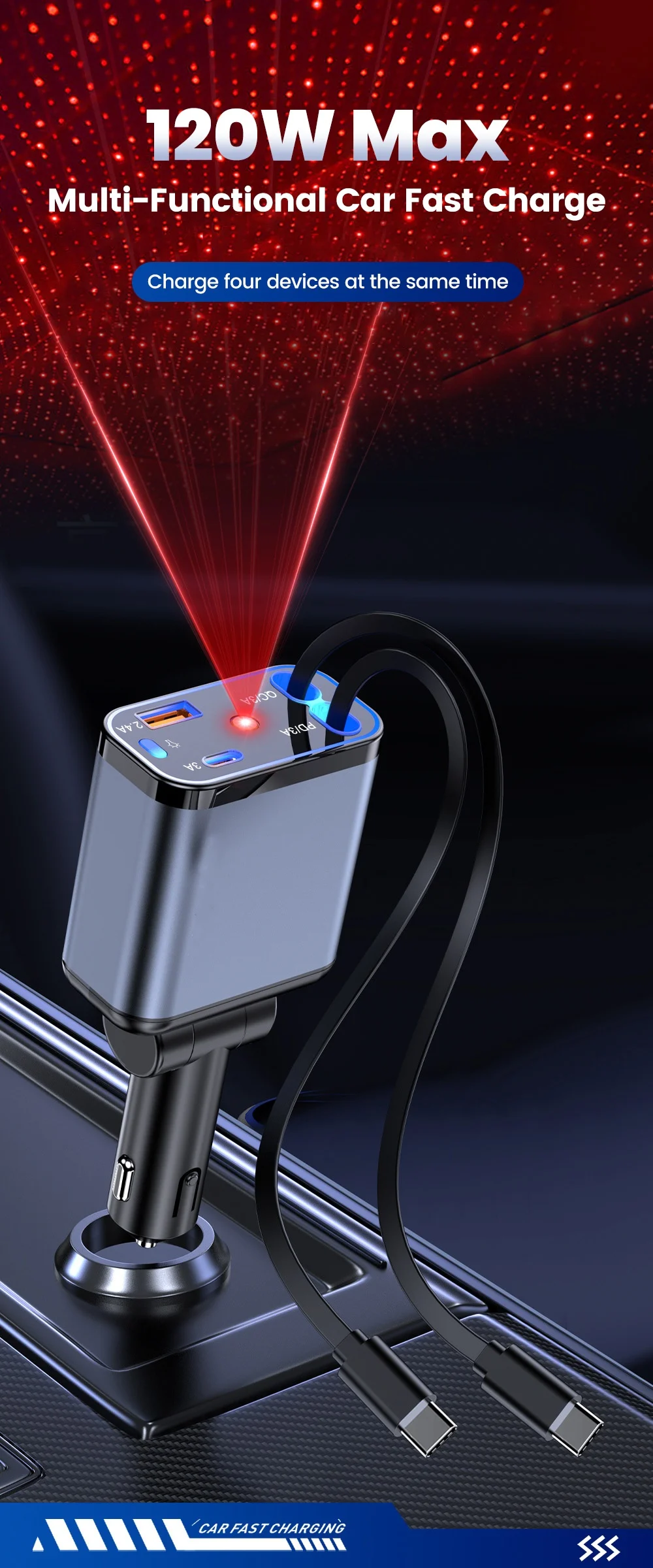 4-in-1-Autoladegerät mit Sternenhimmel-Spotlight, einziehbares Autoladegerät mit Ladekabel und 2 Ladeanschlüssen, universelles Autoladegerät – Detail 1