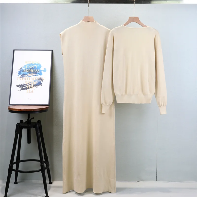 Autumn New Knit Skirt Sets Casual Slim Sleeveless Midi Dress Long sleeved deep V Tops Two-piece Set for Women vestidos