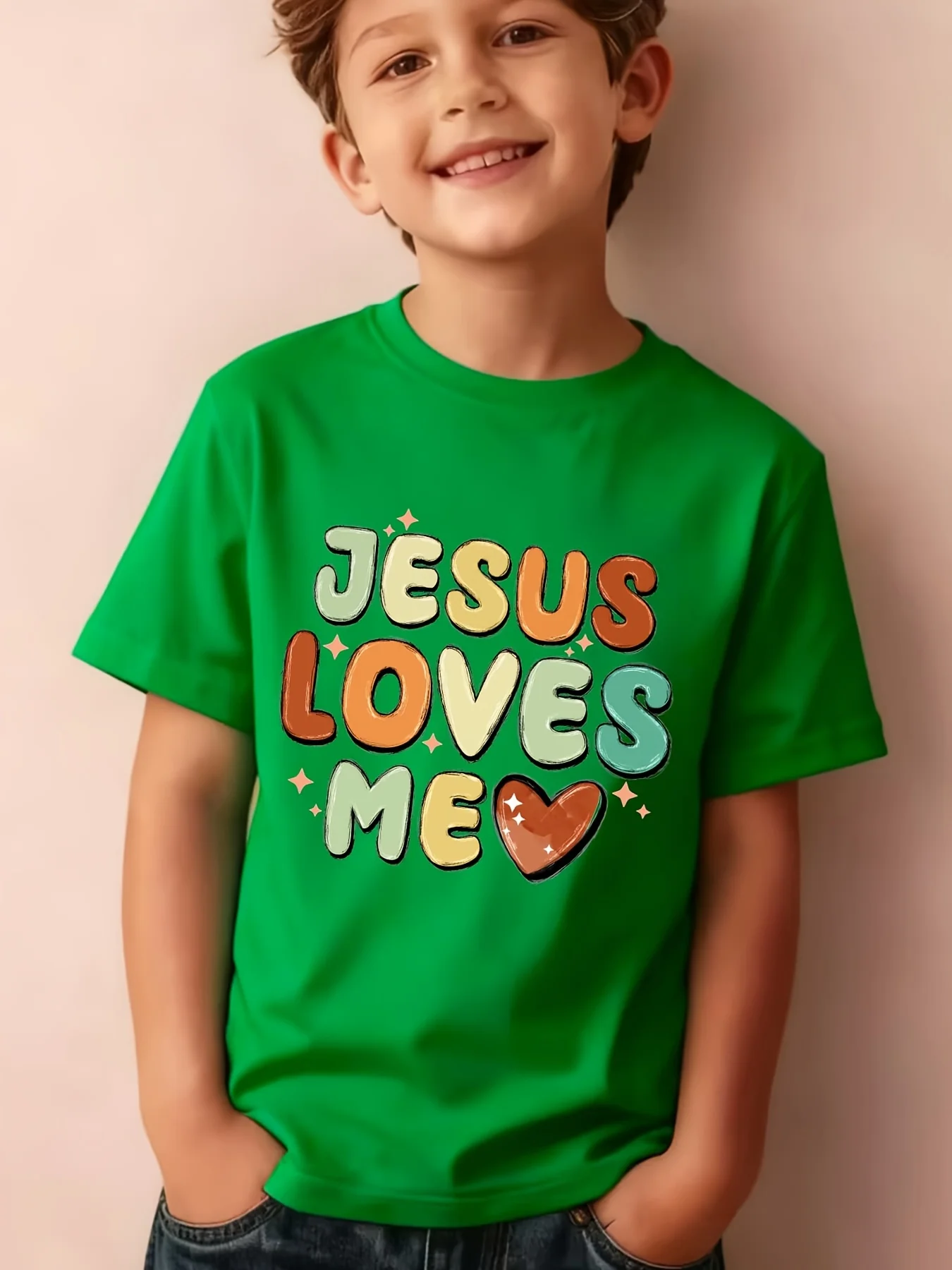 Jesus Loves Me Retro Color Letter Heart Print Boys Girls Family Tee Soft Kids Parent Short Sleeve Daily Casual Comfort T Shirt
