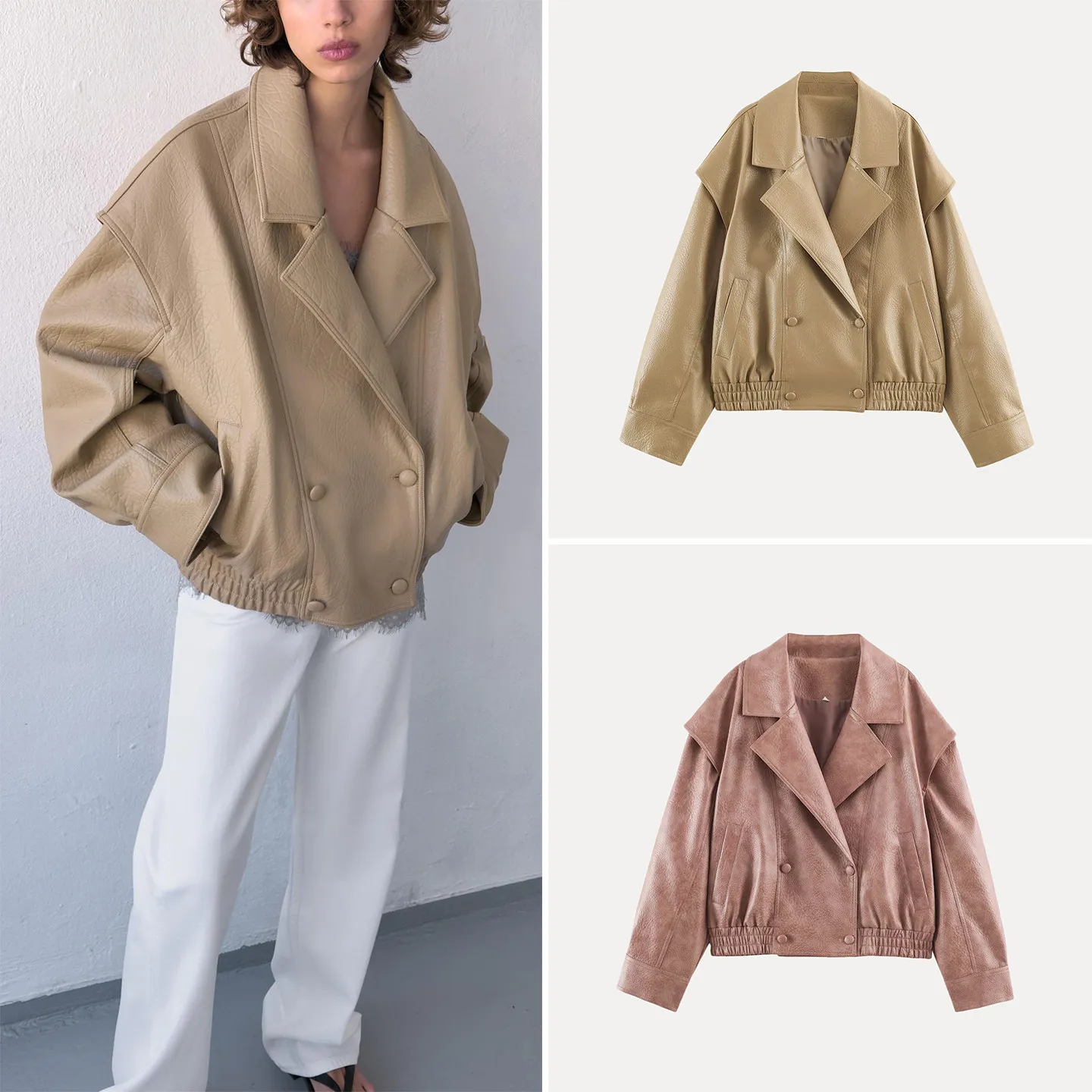 Women's Casual Style Long Sleeve Pilot Jacket Coat Stand Collar Double Breasted Loose Fit Outerwear for Autumn Season